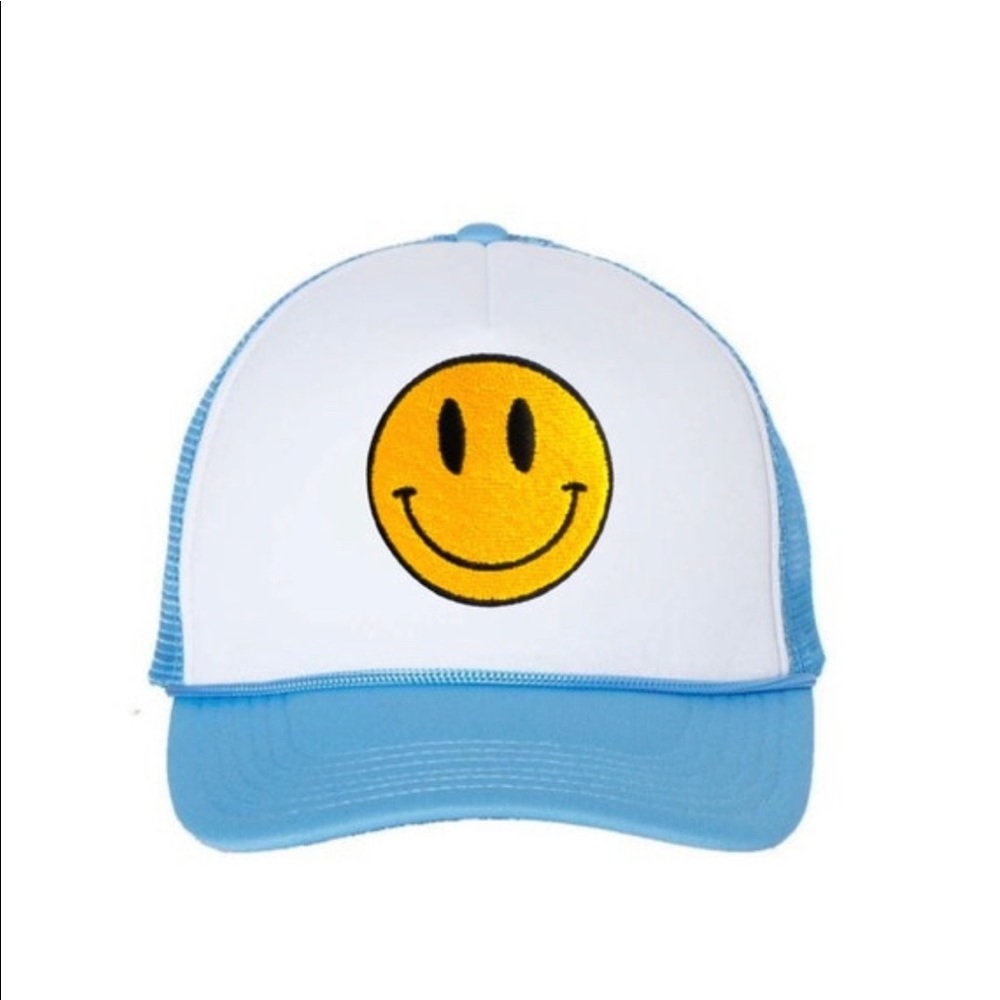 NEW SMILEY FACE PREPPY TRUCKER HAT MESH BACK WHITE PINK AND BLUE TEEN GIRL CUTE